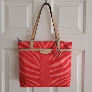 Coach Womens F23283 Orange Tan Canvas Zebra Print Leather Trim Tote Handbag